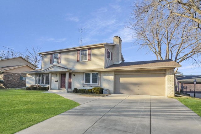 view of front of home featuring a garage, brick siding, driveway, and a front yard