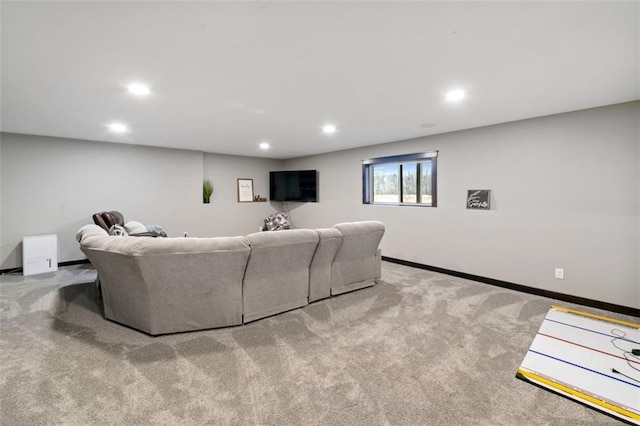 living area with recessed lighting, carpet, and baseboards