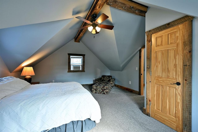 carpeted bedroom with lofted ceiling with beams, a ceiling fan, and baseboards