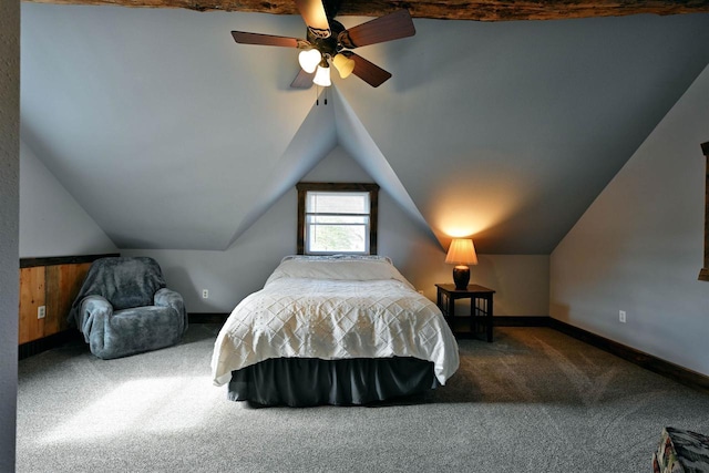 carpeted bedroom featuring lofted ceiling, ceiling fan, and baseboards