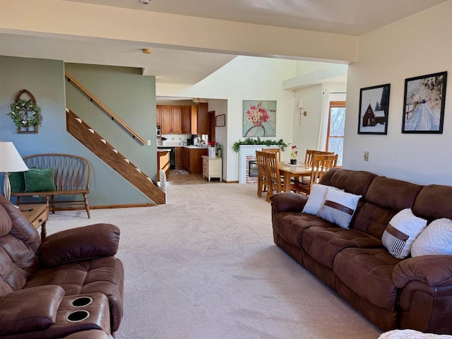 N3820 Fairwood Rd, Reeseville, WI 53579 - living room featuring light colored carpet and stairway