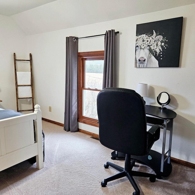 N3820 Fairwood Rd, Reeseville, WI 53579 - bedroom featuring carpet, baseboards, vaulted ceiling, and a desk