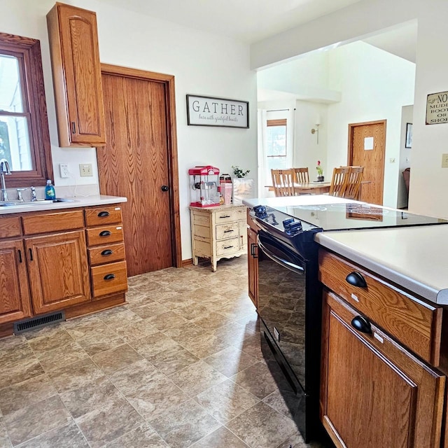 N3820 Fairwood Rd, Reeseville, WI 53579 - kitchen featuring black range with electric stovetop, a sink, brown cabinets, and light countertops