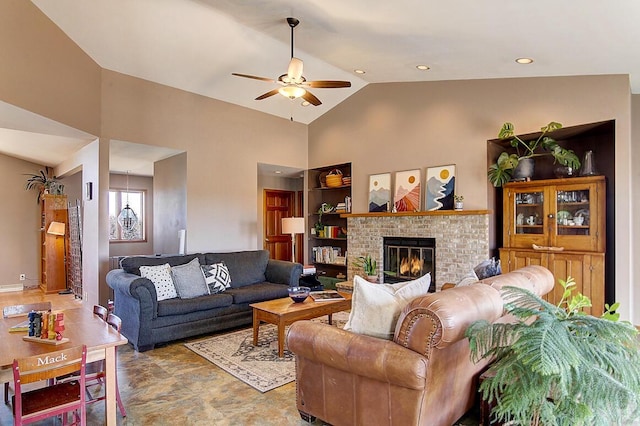 living room featuring high vaulted ceiling, a brick fireplace, and a ceiling fan