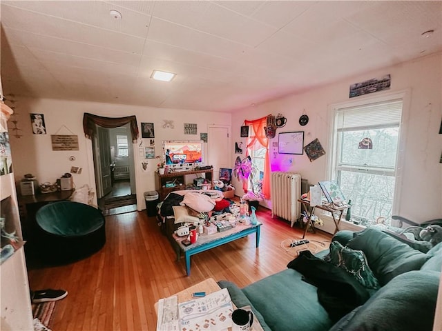 living area featuring radiator heating unit and wood finished floors