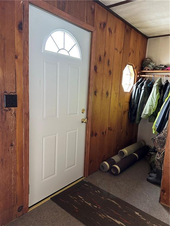 entryway with wood walls and a wealth of natural light