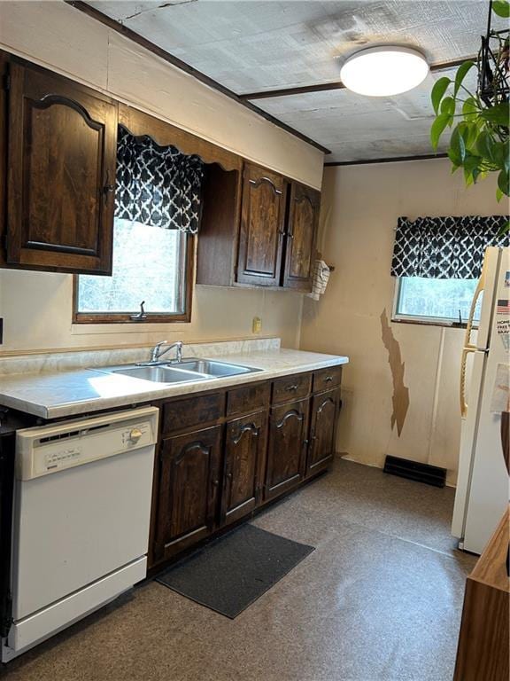 kitchen with a sink, white appliances, light countertops, and dark brown cabinets