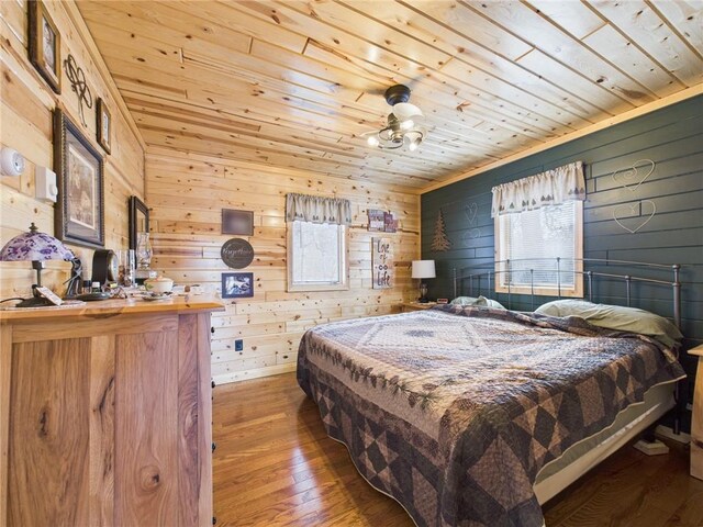 bedroom with wood walls, wooden ceiling, and wood finished floors