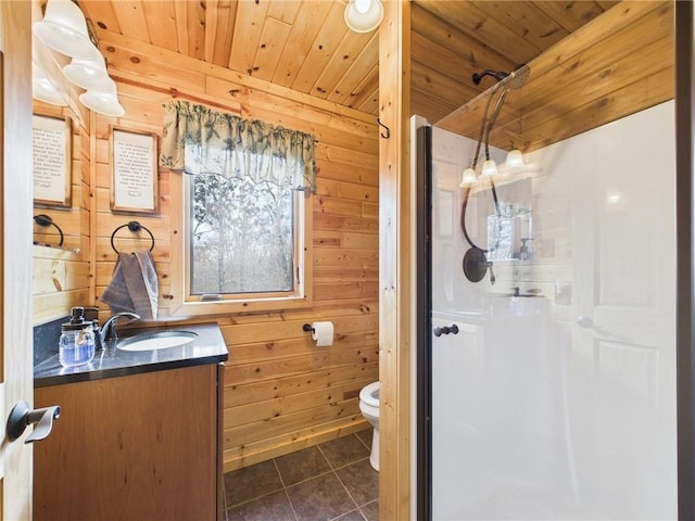 bathroom with wood walls, tile patterned flooring, and a shower stall