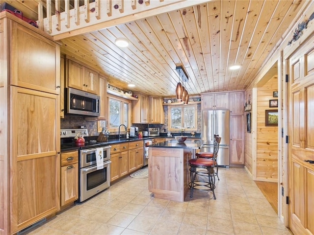 kitchen with wooden ceiling, stainless steel appliances, backsplash, a center island, and dark countertops