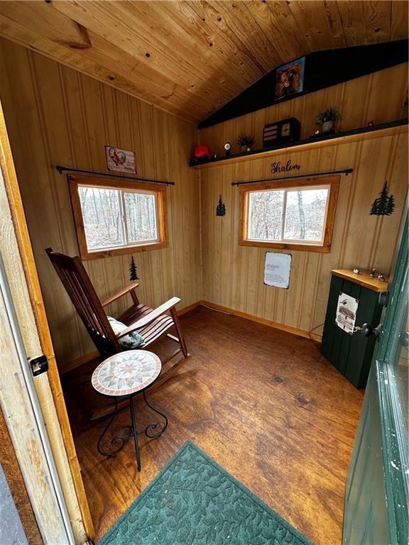 living area with lofted ceiling, wood walls, and wood ceiling