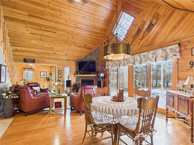 dining area with wood walls, a fireplace, wood ceiling, and hardwood / wood-style flooring