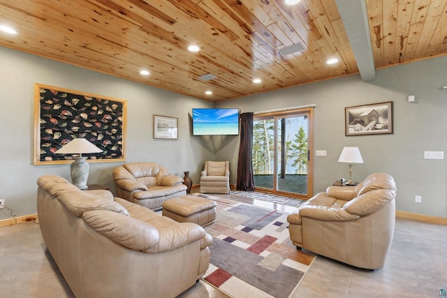 living room featuring baseboards, wood ceiling, and recessed lighting