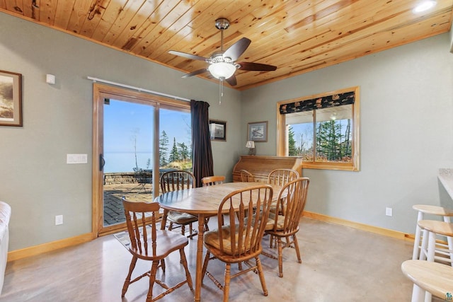 dining area featuring finished concrete floors, wood ceiling, ceiling fan, and baseboards