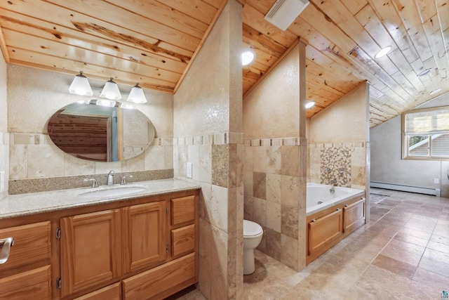 bathroom with a bath, wooden ceiling, baseboard heating, and tile walls