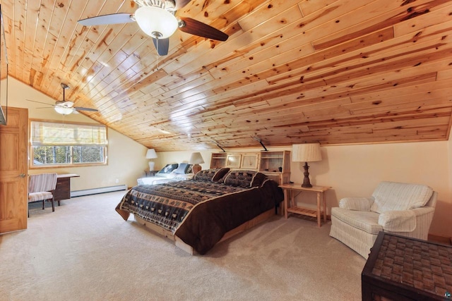 bedroom featuring wooden ceiling, carpet, a baseboard heating unit, and vaulted ceiling