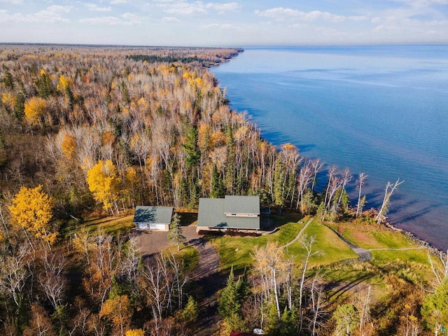 bird's eye view with a water view and a view of trees