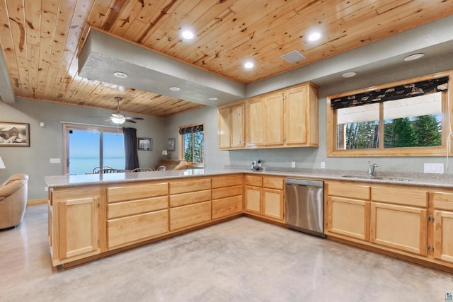 kitchen featuring wood ceiling, a peninsula, light brown cabinetry, stainless steel dishwasher, and a sink