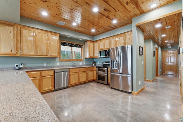 kitchen featuring appliances with stainless steel finishes, recessed lighting, wooden ceiling, and finished concrete flooring