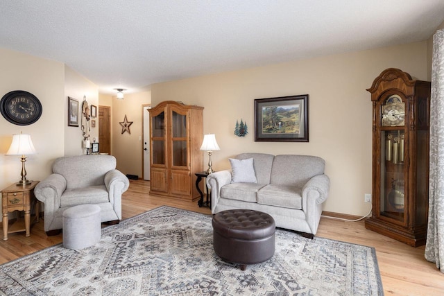 living area with a textured ceiling and light wood finished floors