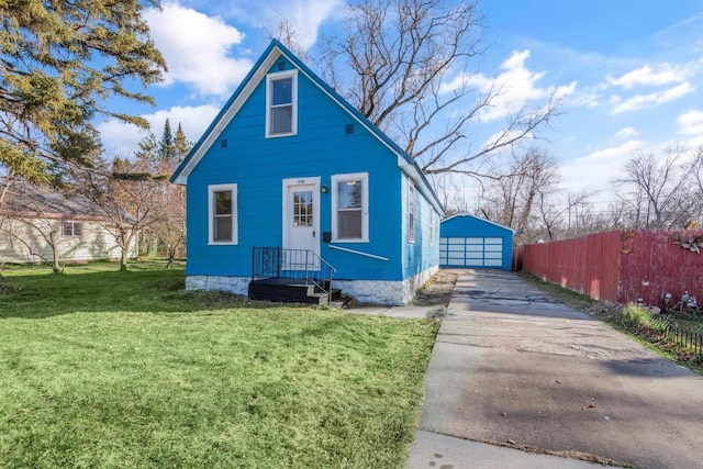 bungalow-style house with a garage, an outdoor structure, fence, concrete driveway, and a front yard