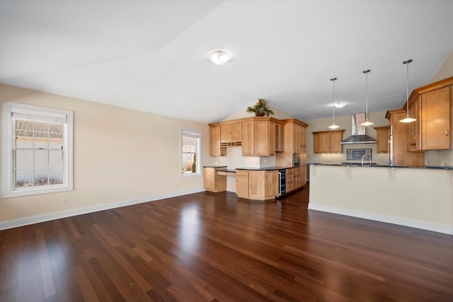 N37W22910 Wyndemere Dr, Pewaukee, WI 53072 - kitchen with dark wood-type flooring, a sink, baseboards, wall chimney range hood, and dark countertops