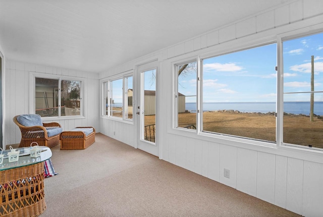 N8648 Linden Beach Rd, Fond Du Lac, WI 54937 - sunroom / solarium with a water view, carpet floors, and wood walls