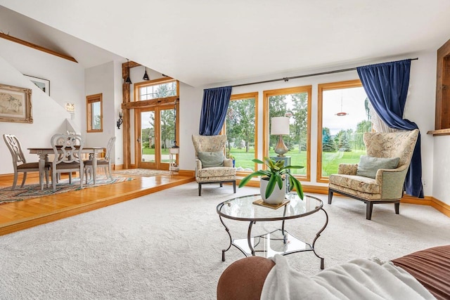 living area featuring carpet flooring and baseboards