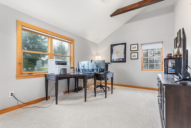 office area with lofted ceiling with beams, baseboards, and carpet flooring