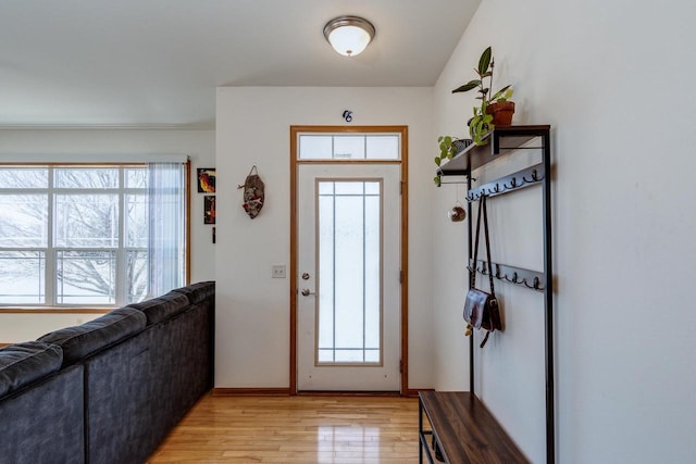 entryway featuring a healthy amount of sunlight, light wood-type flooring, and baseboards