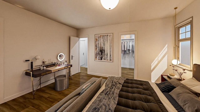 bedroom with baseboards and dark wood-type flooring