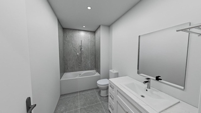 bathroom featuring bathtub / shower combination, tile patterned flooring, toilet, recessed lighting, and vanity