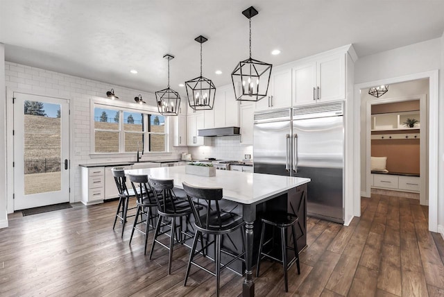 kitchen with under cabinet range hood, a center island, dark wood-style floors, and built in fridge