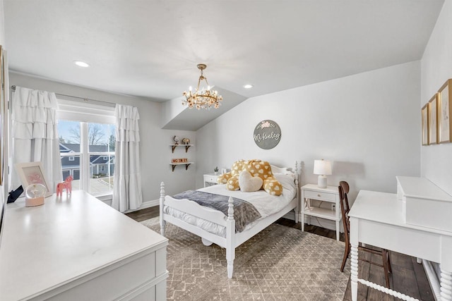 bedroom with baseboards, lofted ceiling, dark wood-style flooring, a notable chandelier, and recessed lighting