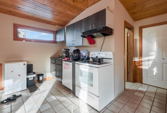 kitchen with lofted ceiling, light tile patterned flooring, under cabinet range hood, white appliances, and wood ceiling