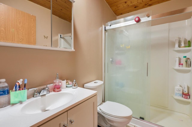 full bath featuring wood ceiling, a shower stall, toilet, and vanity