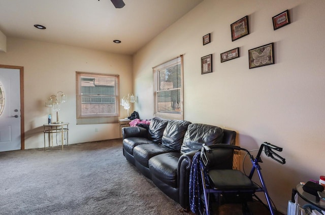 living area featuring ceiling fan, carpet flooring, and recessed lighting