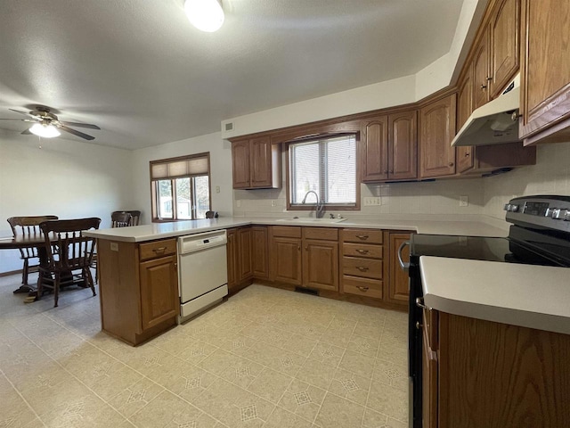 kitchen featuring under cabinet range hood, a peninsula, electric range, a sink, and dishwasher