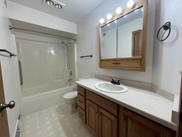 bathroom featuring shower / washtub combination, visible vents, vanity, and toilet