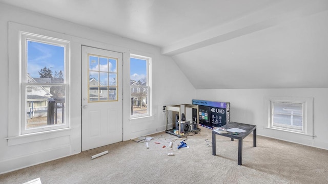 game room featuring vaulted ceiling and carpet