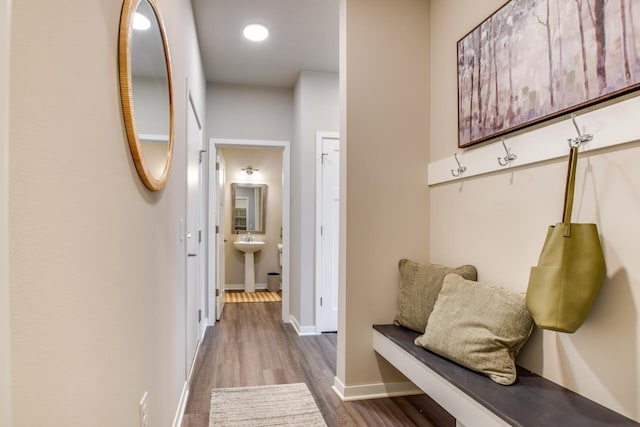 mudroom featuring a sink, baseboards, and wood finished floors