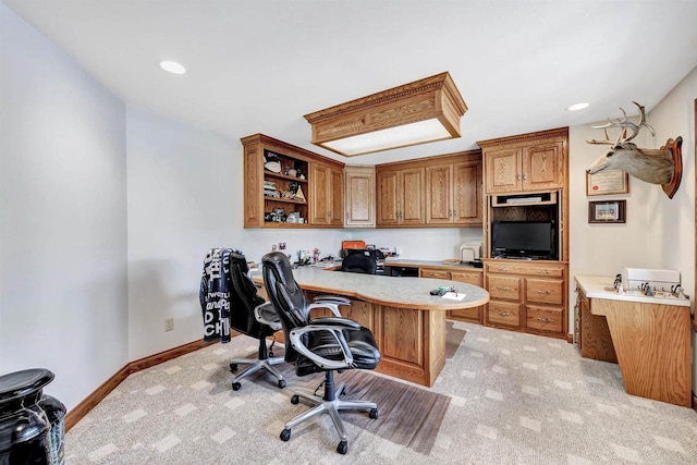 office space featuring light carpet, recessed lighting, and baseboards