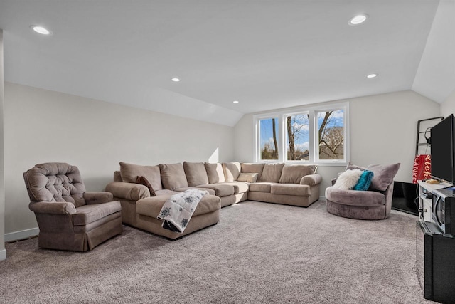 living room featuring lofted ceiling, baseboards, carpet floors, and recessed lighting