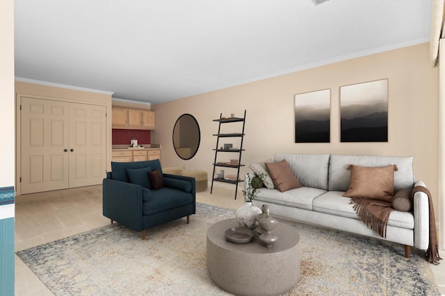 living area featuring light colored carpet and crown molding