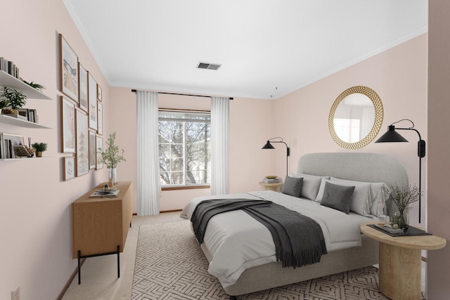 bedroom featuring carpet, visible vents, and ornamental molding