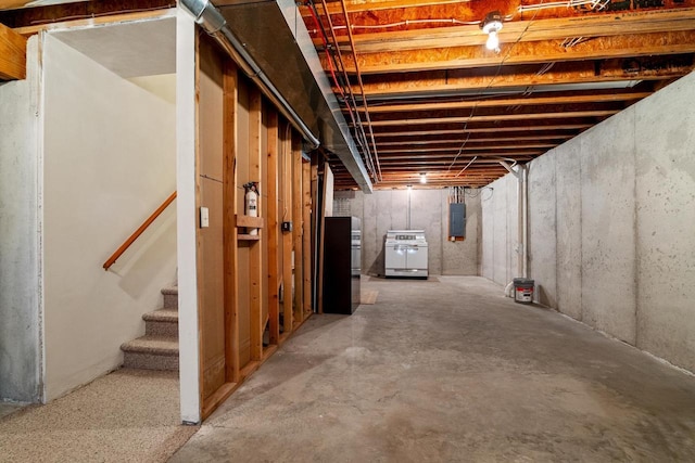 unfinished basement with stairs and electric panel