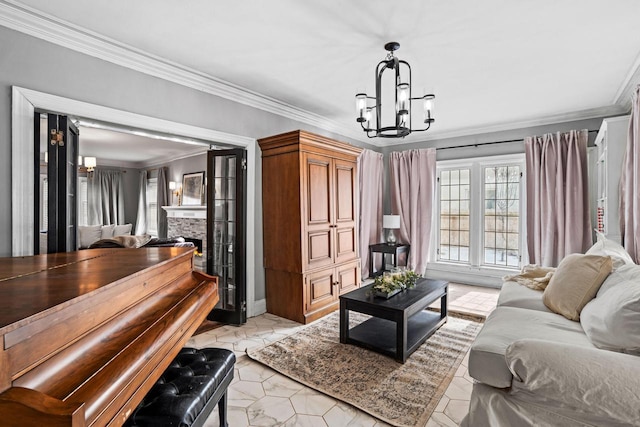 living area featuring crown molding, light tile patterned flooring, a notable chandelier, and a stone fireplace