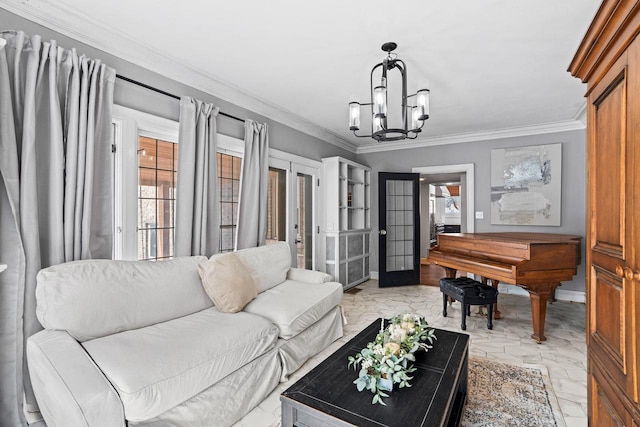 interior space with a chandelier, baseboards, marble finish floor, ornamental molding, and french doors