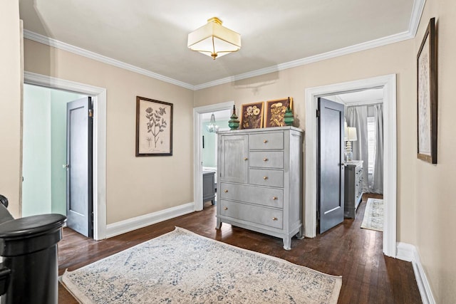 bedroom with ornamental molding, dark wood-style flooring, and baseboards