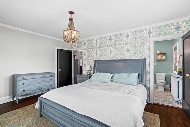 bedroom featuring wallpapered walls, baseboards, wood finished floors, an inviting chandelier, and crown molding